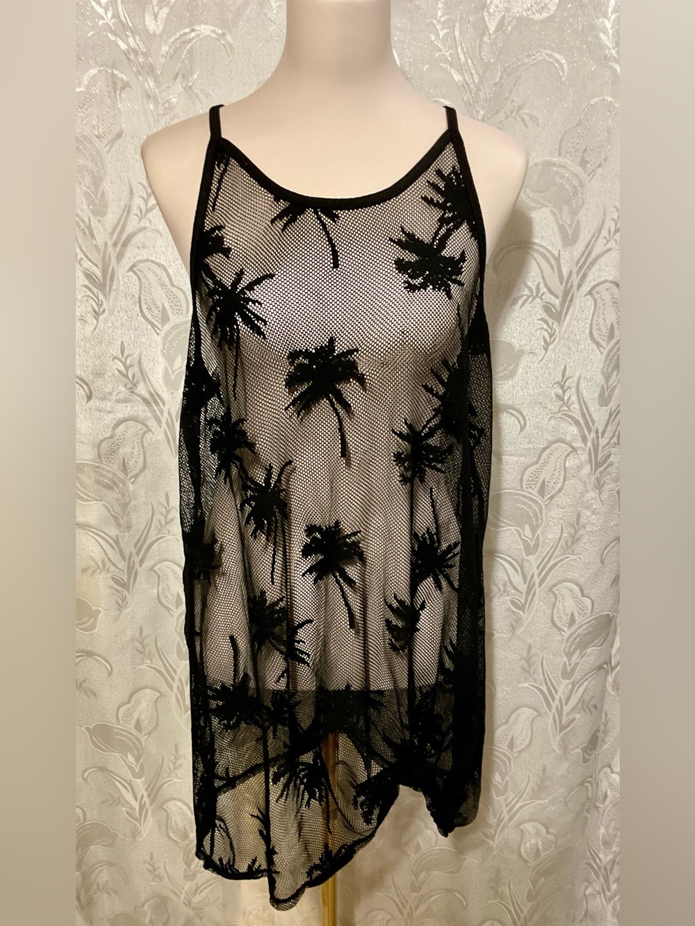 No Boundaries Black Knot Front Palm Tree Mesh Swim Coverup Dress